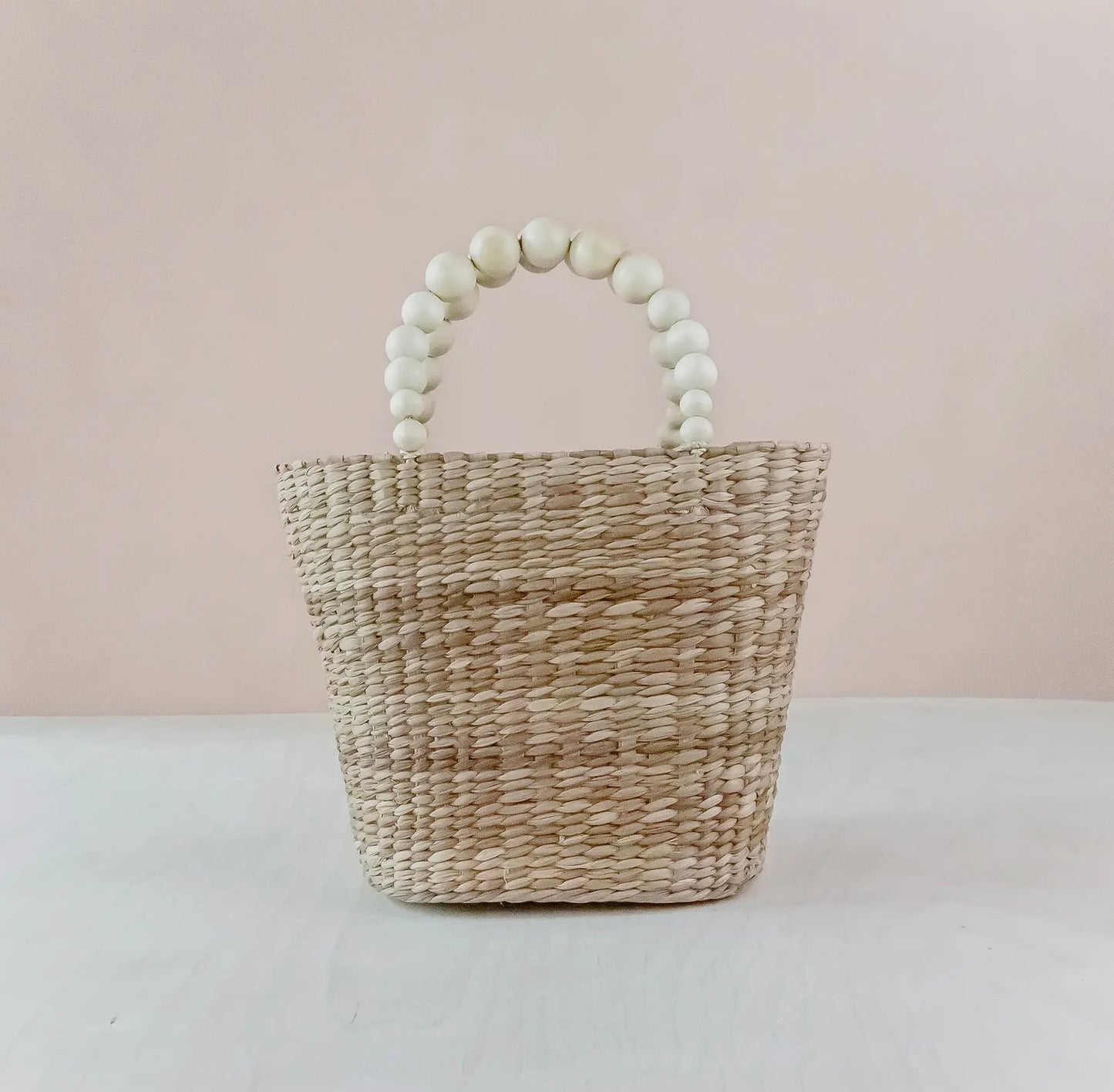 Natural Small Market Tote Bag with Wood Bead Handles